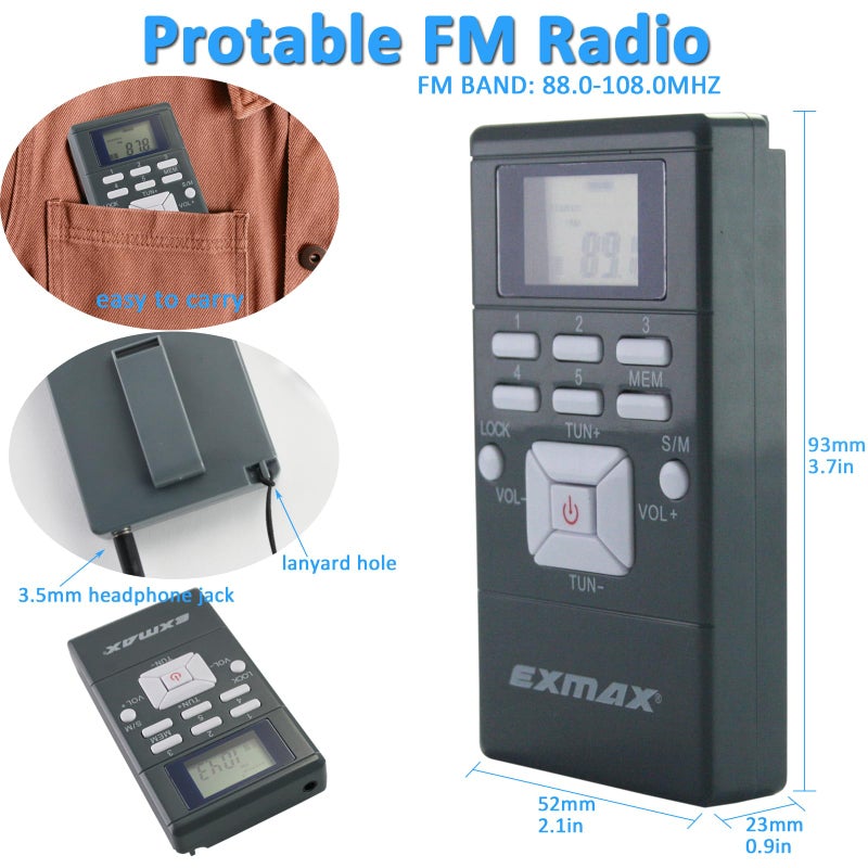 EXMAX E108 Wireless Stereo FM Radio Receiver - Portable Pocket Mini With Earbuds, LCD Clock for Translator Tour Guide System, Jogging, Running, Walking, Yardwork - Gray - Image 2